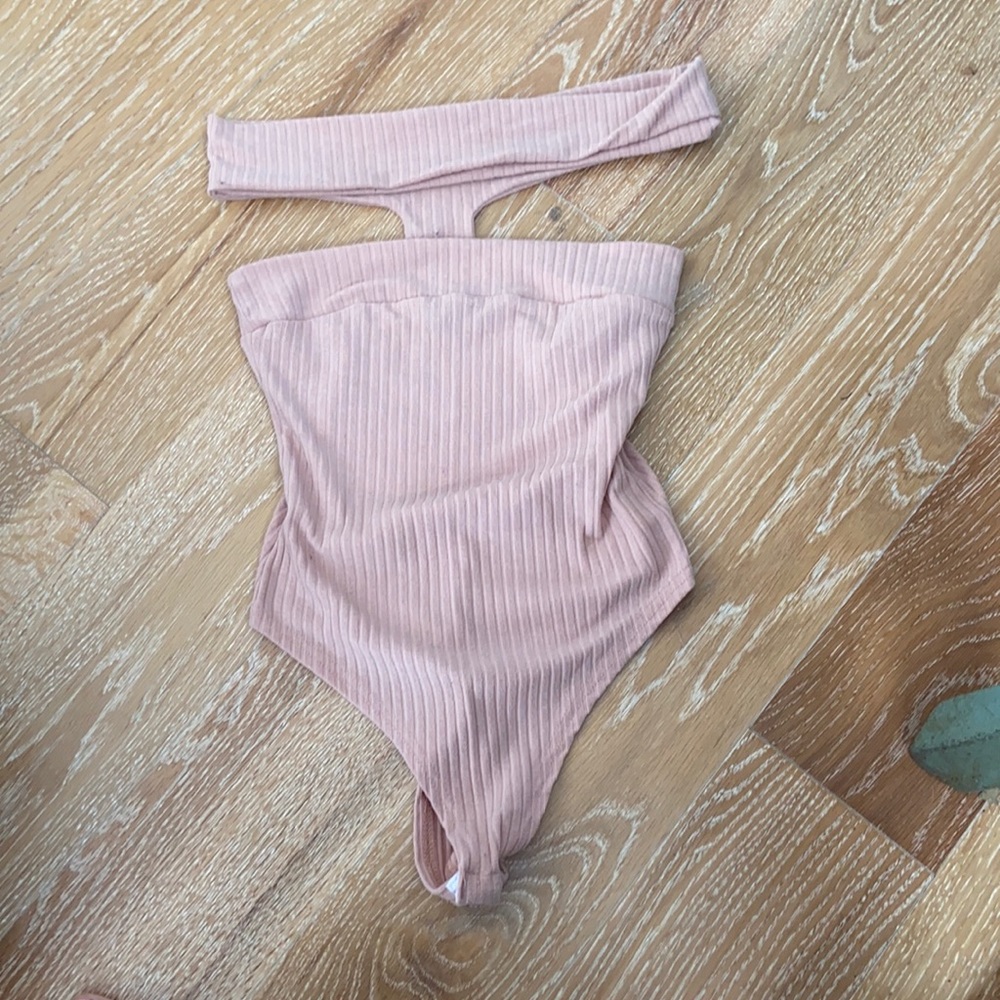 Blush pink off the shoulder bodysuit from Boohoo